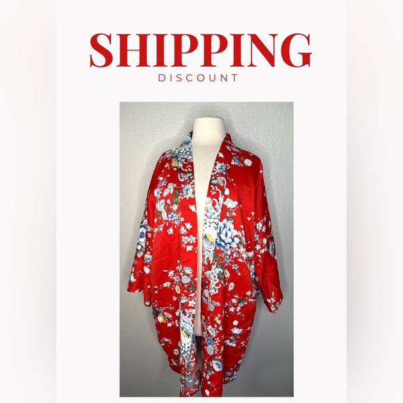 Vintage Japanese Red Floral Kimono Robe – Made in Japan, Chrysanthemum Print - Picture 1 of 7